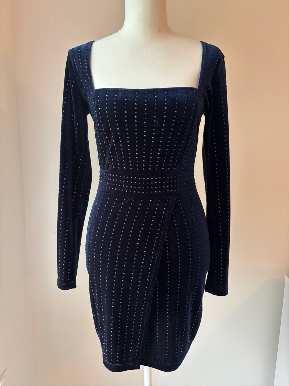 Windsor Navy Studded Velvet Square-Neck Long Sleeve Dress